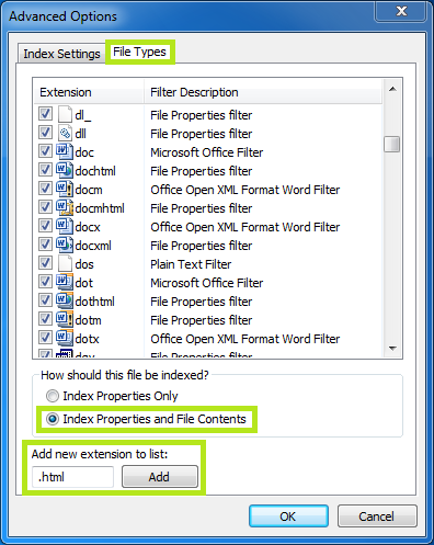 windows 7 indexing options search contents add new extension