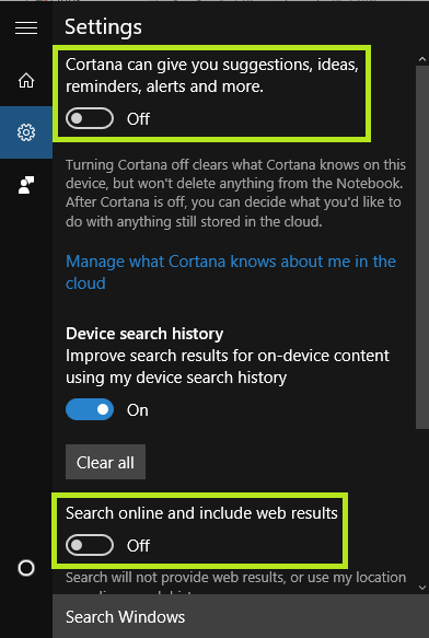 cortana web search off