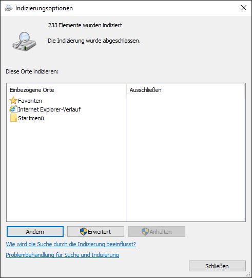 Indizierungsoptionen Ändern oder Erweiterte Einstellungen