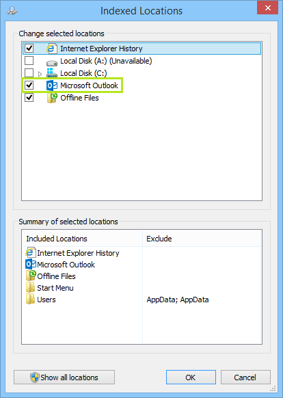 Outlook 2016 indexing options modify