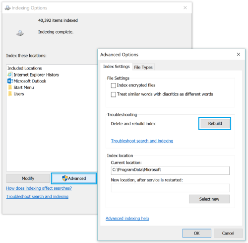 Windows 10 rebuild index