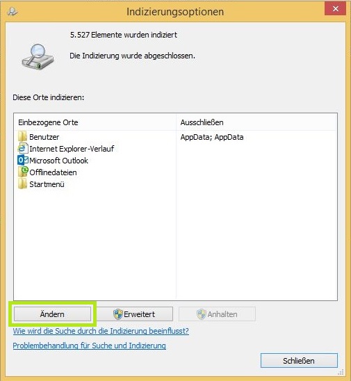 Windows 8 Indizierungsoptionen
