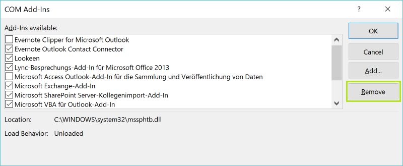 disable remove COM add-ins Outlook