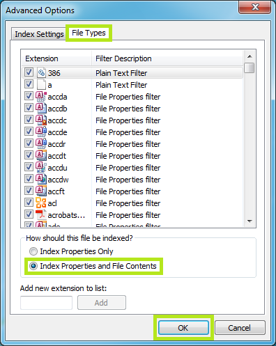 Indexing options - index properties and file contents