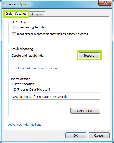 windows 7 indexing options - rebuild index