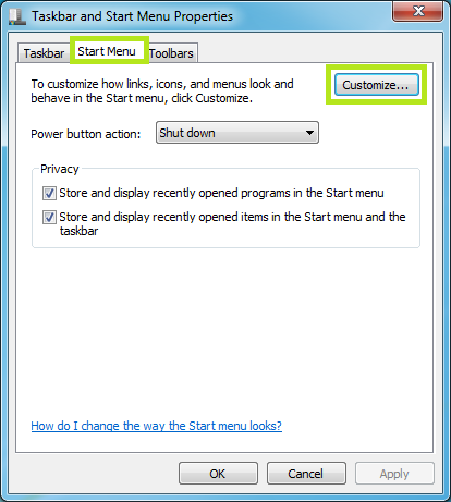 windows 7 taskbar and start menu properties