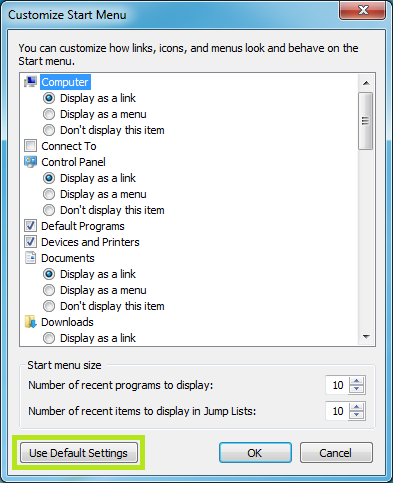 windows 7 taskbar and start menu properties use default settings